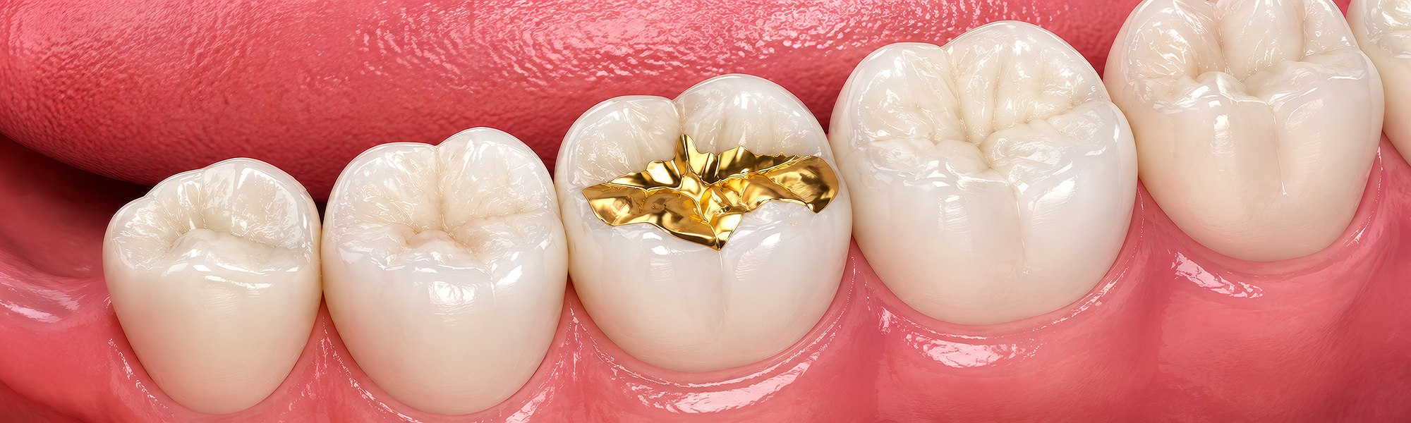 Nahaufnahme eines Backenzahns mit Goldfüllung