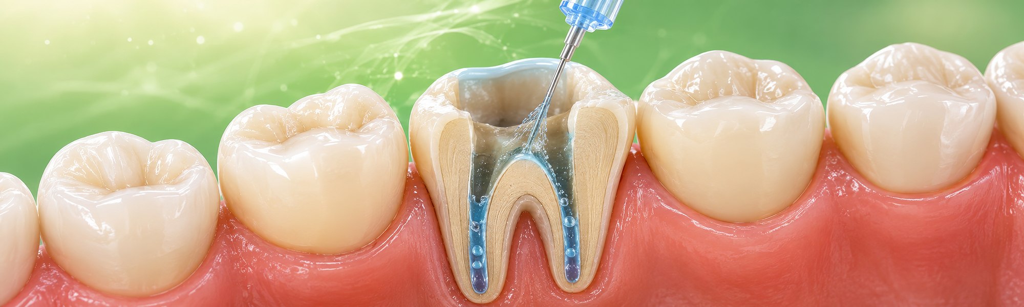 Nahaufnahme eines Zahns mit endodontischen Instrumenten im Wurzelkanal