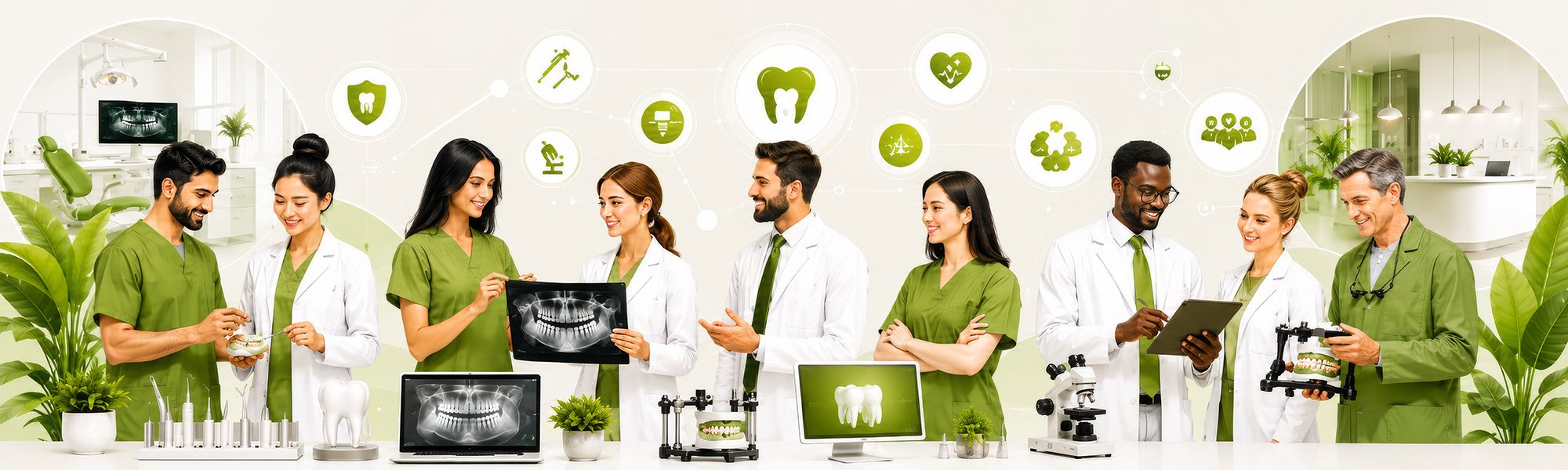 Zahnmedizinisches Team mit verschiedenen Fachbereichen, Dentaltechnik, Röntgenbildern und Behandlungssymbolen als Darstellung des Partnernetzwerks der Zahnarztpraxis
